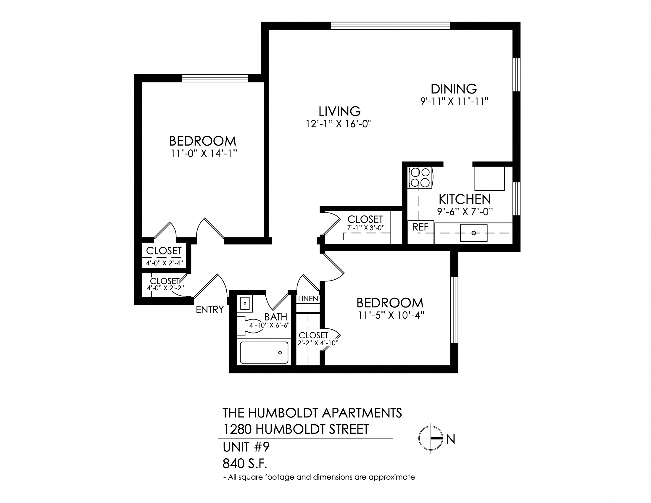 Floor plan for 2 beds, 1 bath, 825 sqft